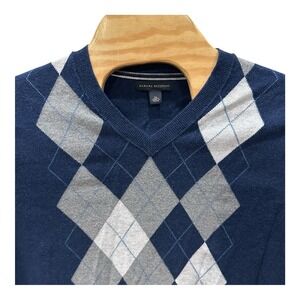 Banana Republic Sweater Men's XL Luxury Blend Argyle Blue Cotton Cashmere Blend‎